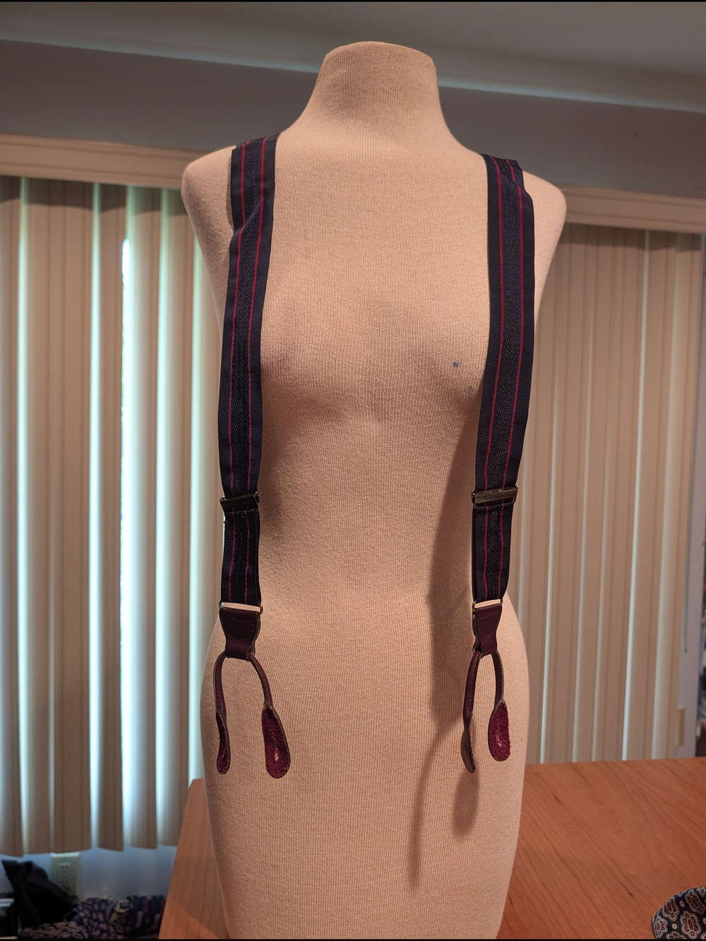 Men's Navy Suspenders with Red Pinstripes. Leather.